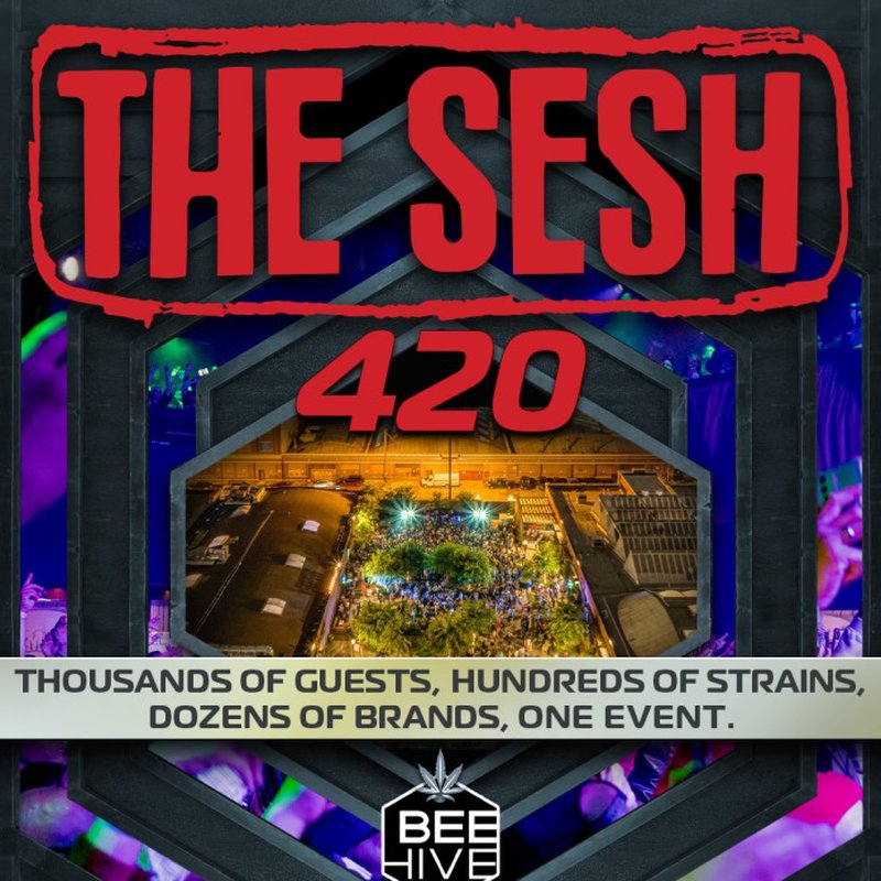 Press coverage thumbnail — The Sesh 420 event flyer, produced by 8PG at Beehive in Los Angeles, April 20, 2024